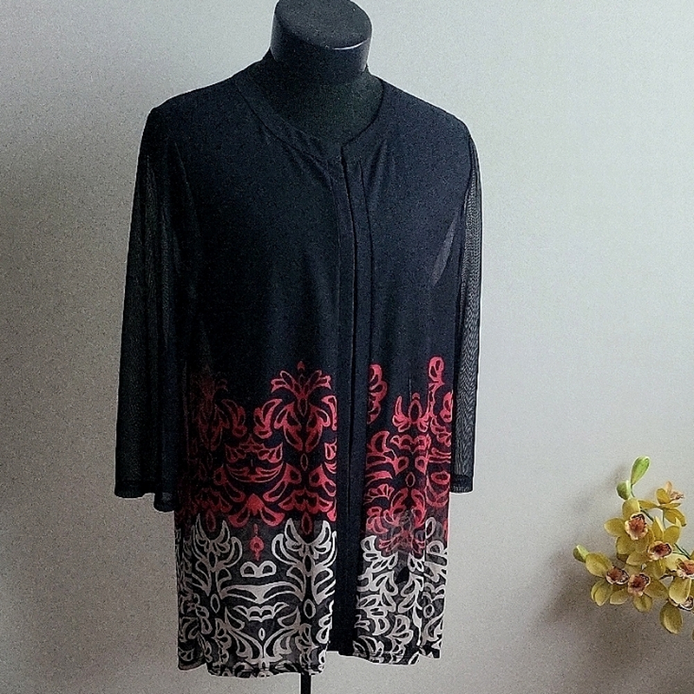 Chico's Black and Red Tunic Top. Travelers.1X , Light Sheer,stretch,like New